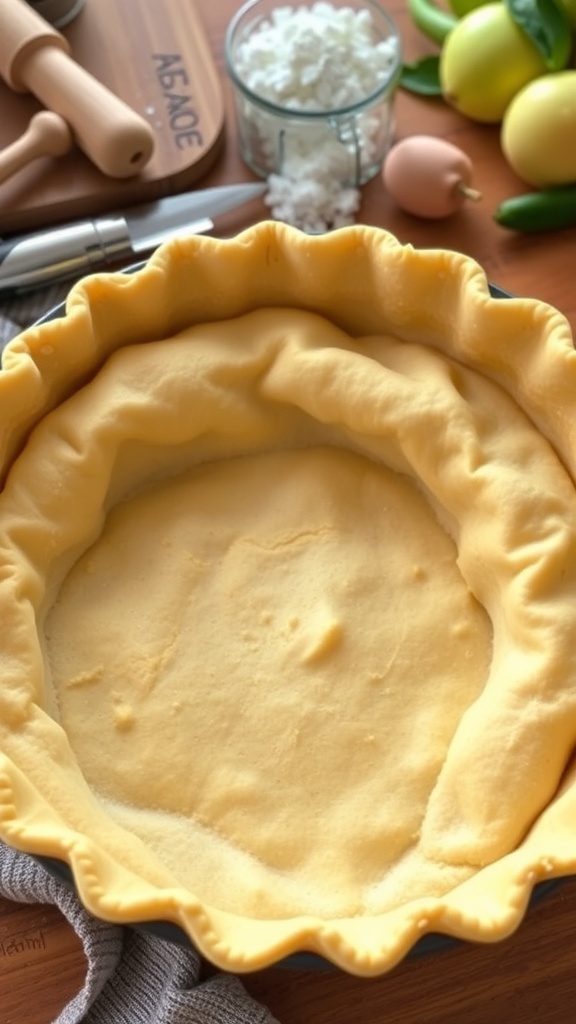 Golden brown gluten-free pie crust in a dish, ready for filling.